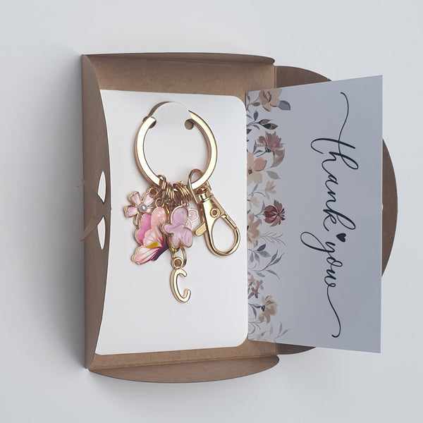GOLDTONE Pink Flowers and Butterflies KEYCHAIN