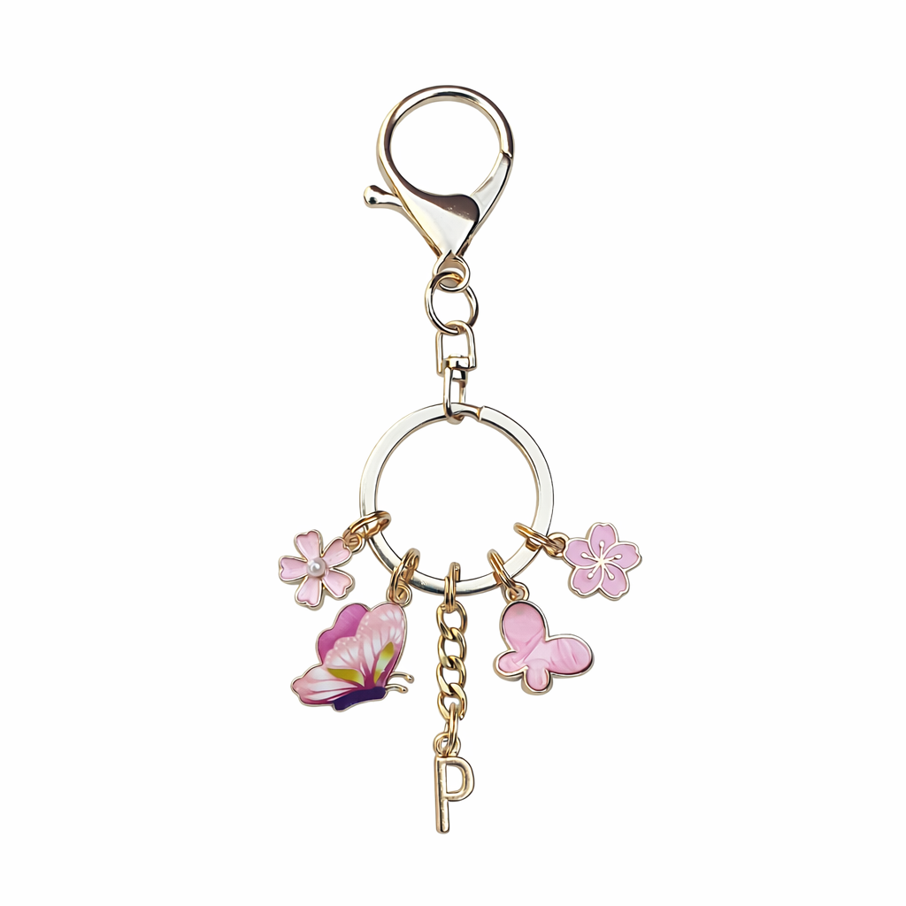 GOLDTONE Pink Flowers and Butterflies KEYCHAIN