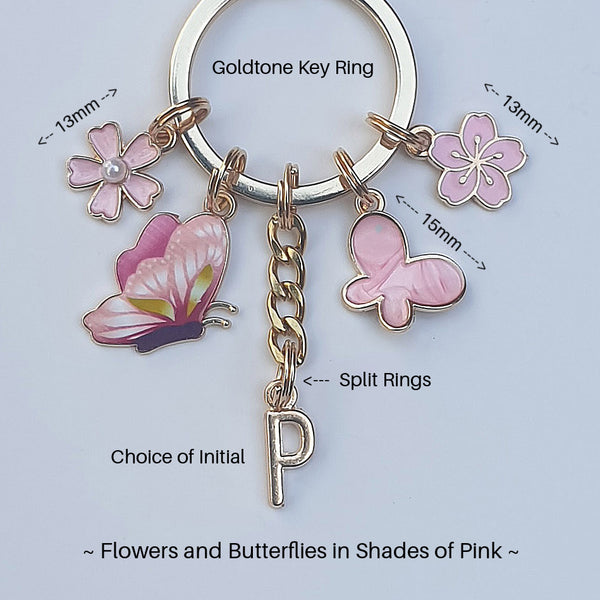 GOLDTONE Pink Flowers and Butterflies KEYCHAIN